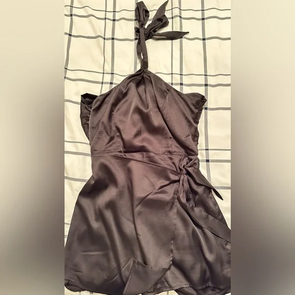 Lulus Alluring Mood Black Satin Halter Side-Tie Skort Romper - Picture 4 of 5